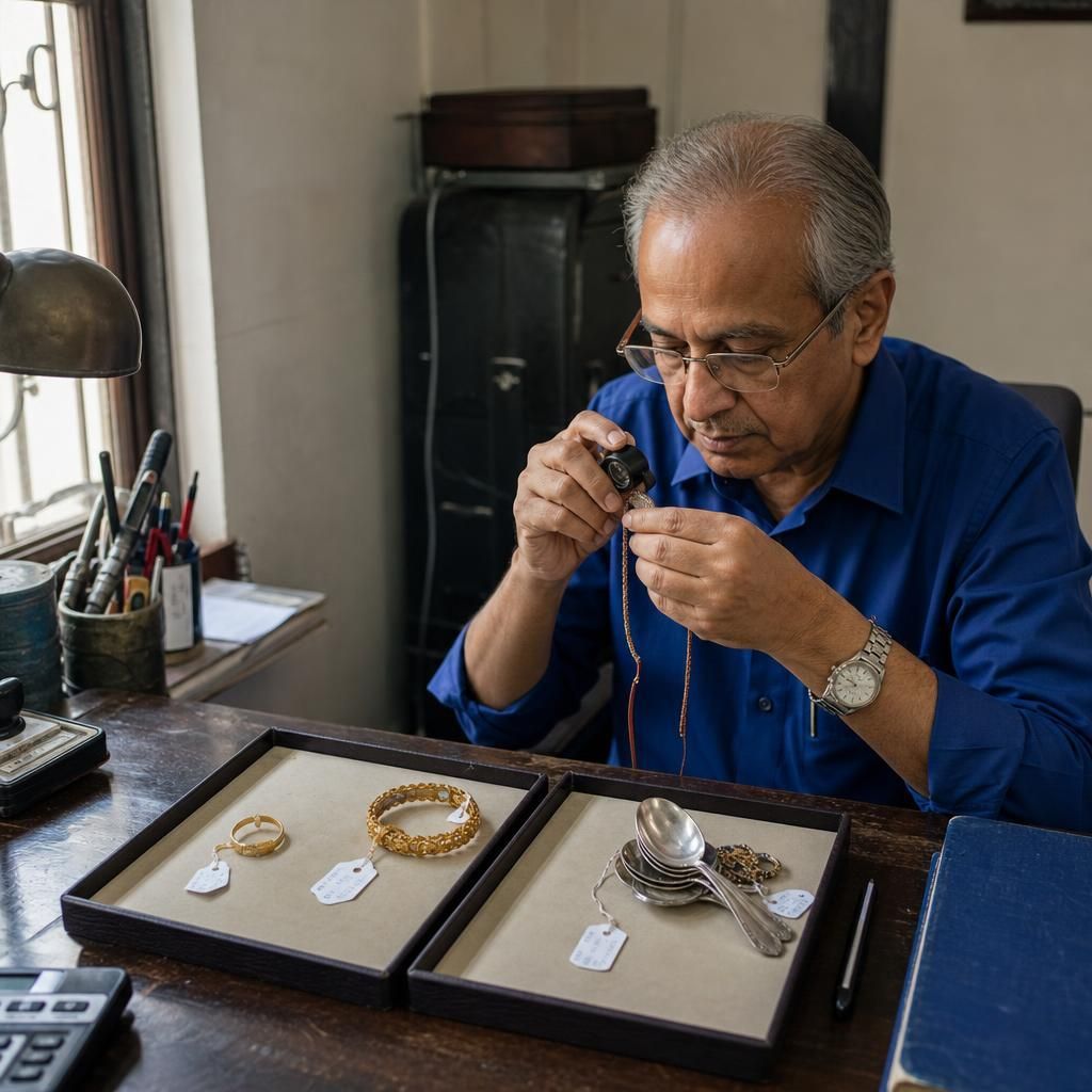 Jeweler comparing gold and silver items by purity and weight