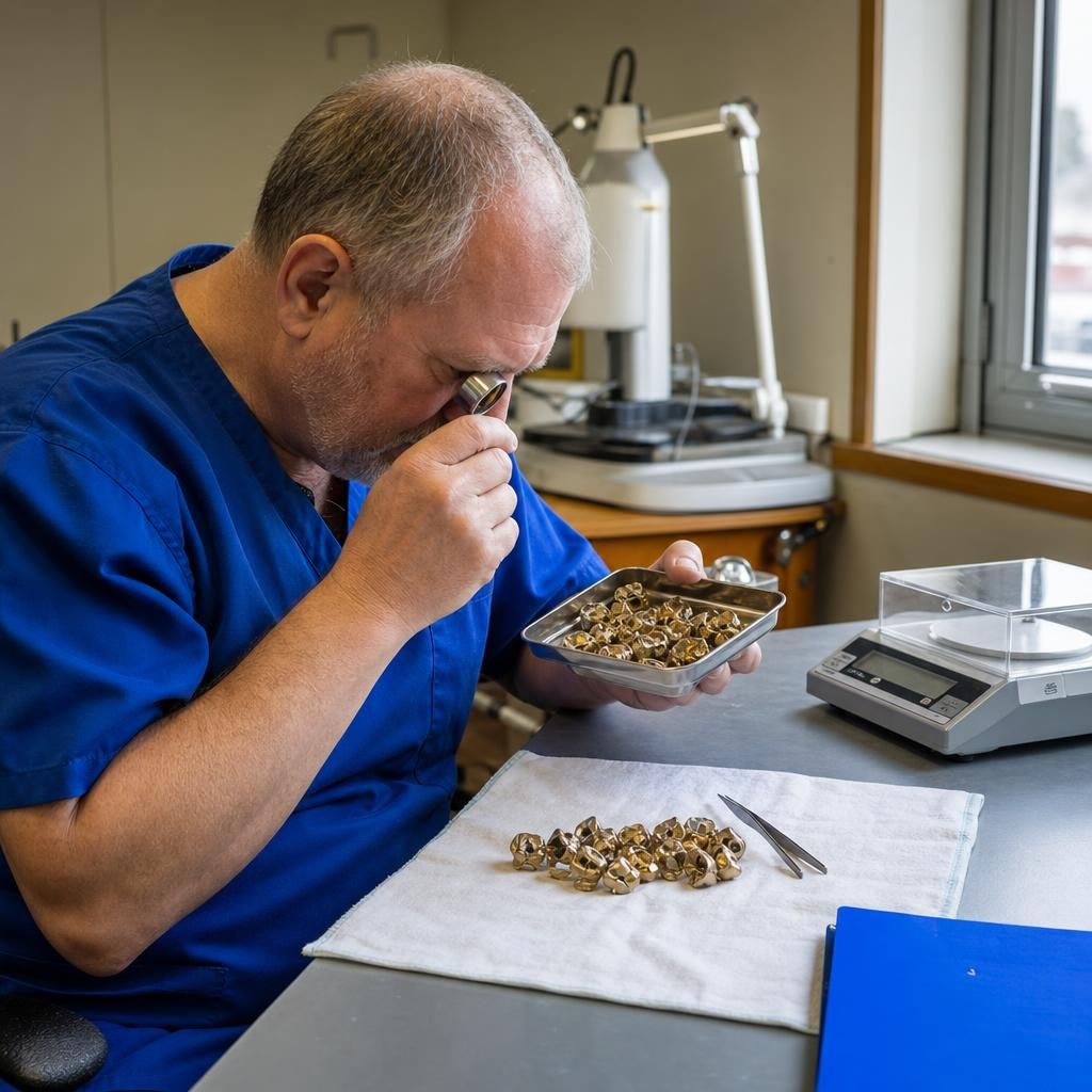 Dental gold crowns being inspected and weighed