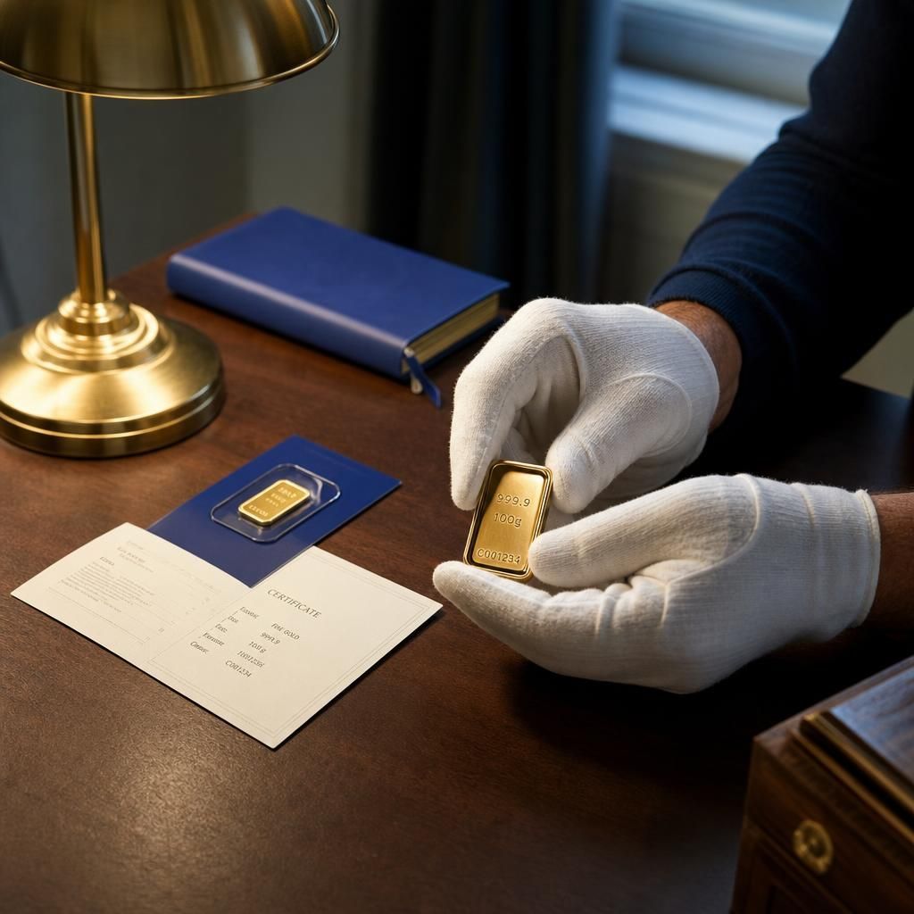 Gold bar with assay card and certificate on desk