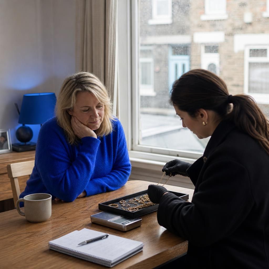Local buyer inspecting gold jewelry in a home dining room