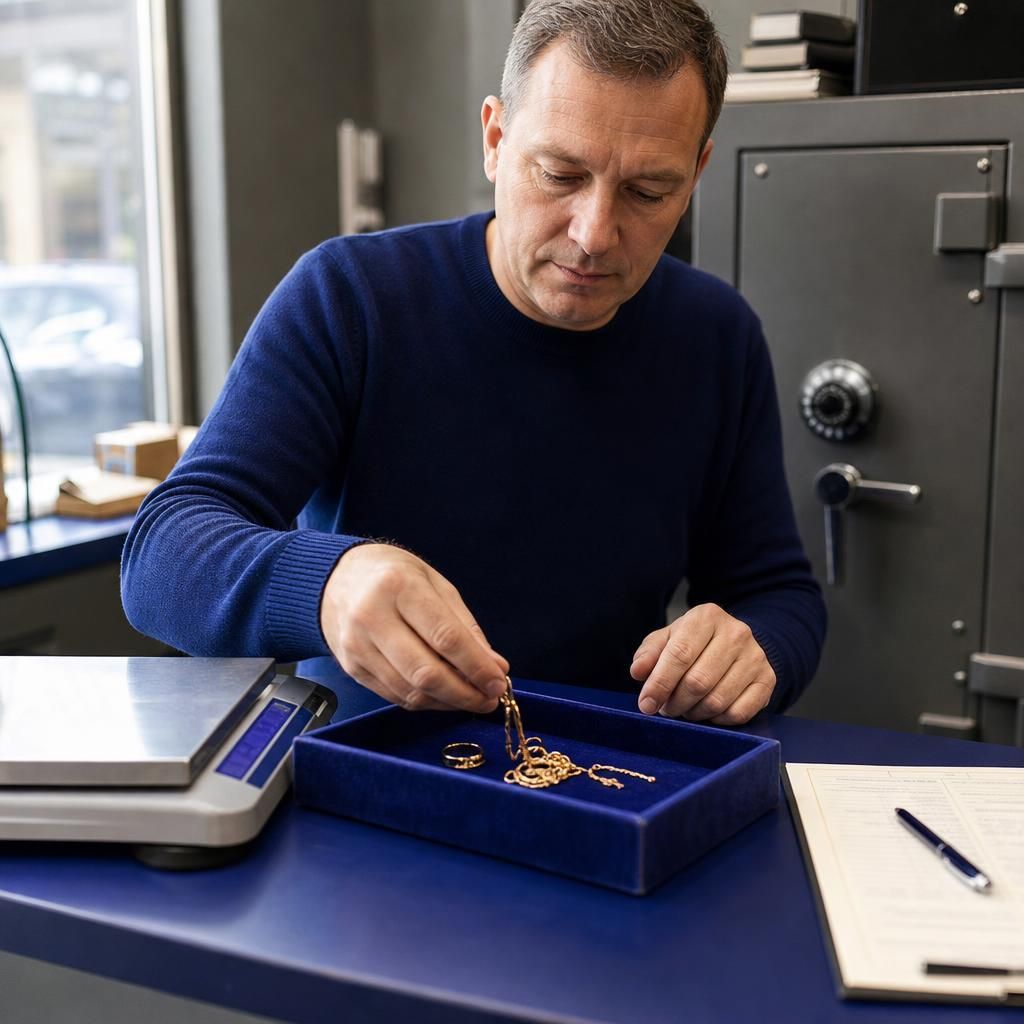 Gold buyer placing jewelry into a labeled tray
