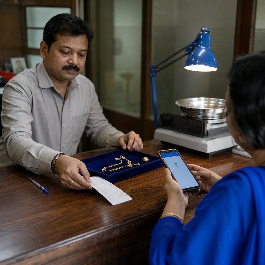 Jeweler confirming payment for gold in shop office
