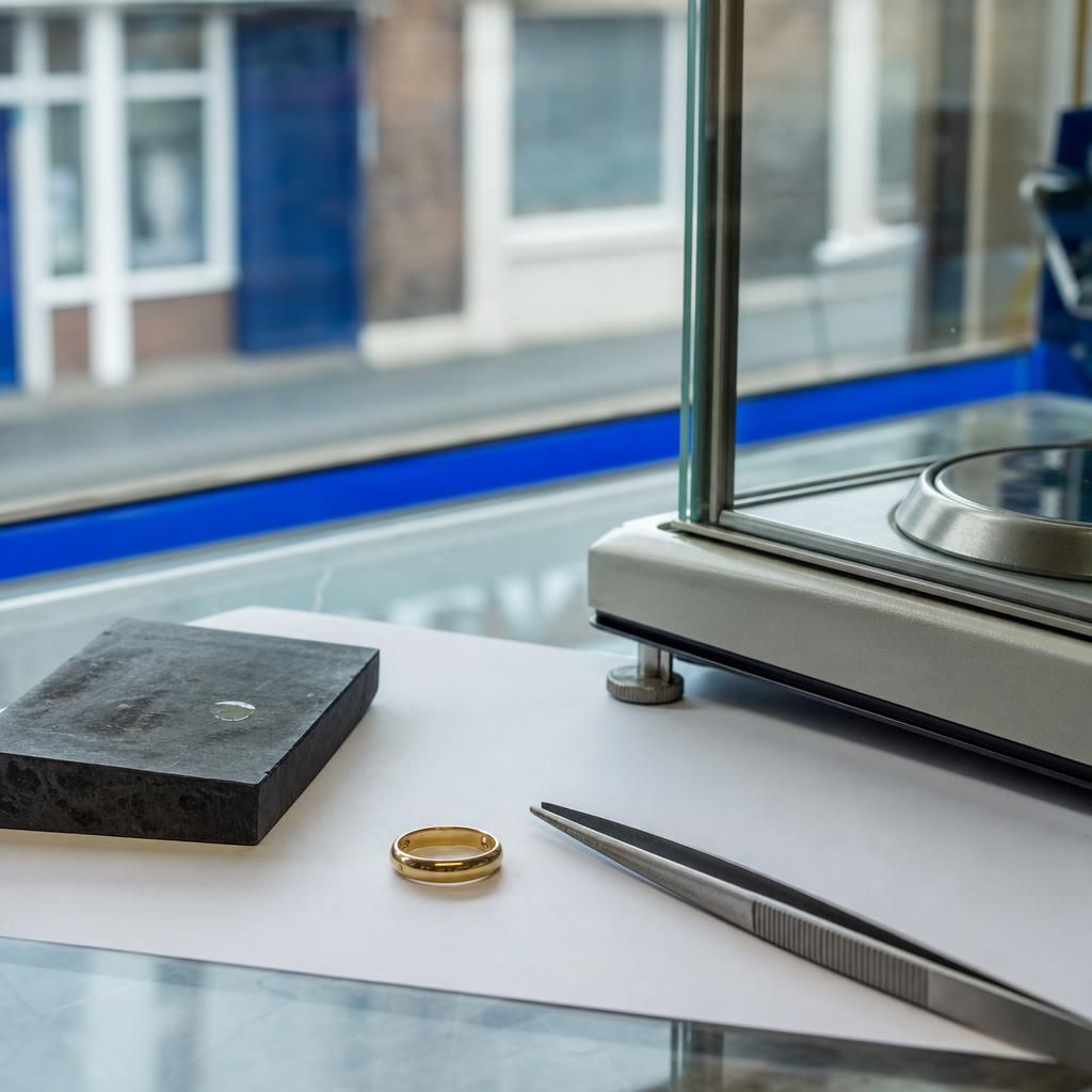 Jeweler’s scale, test stone, and gold ring on counter