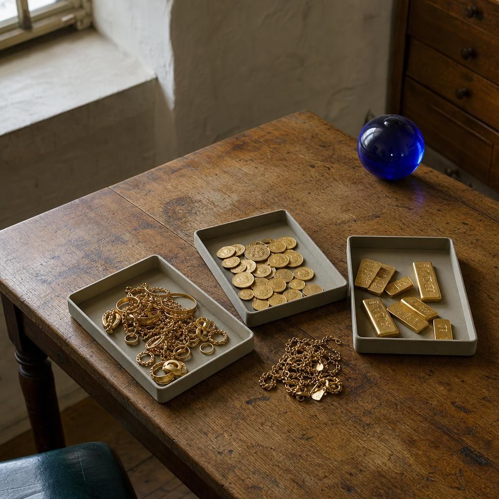 Gold jewelry, coins, bars, and scrap separated on table