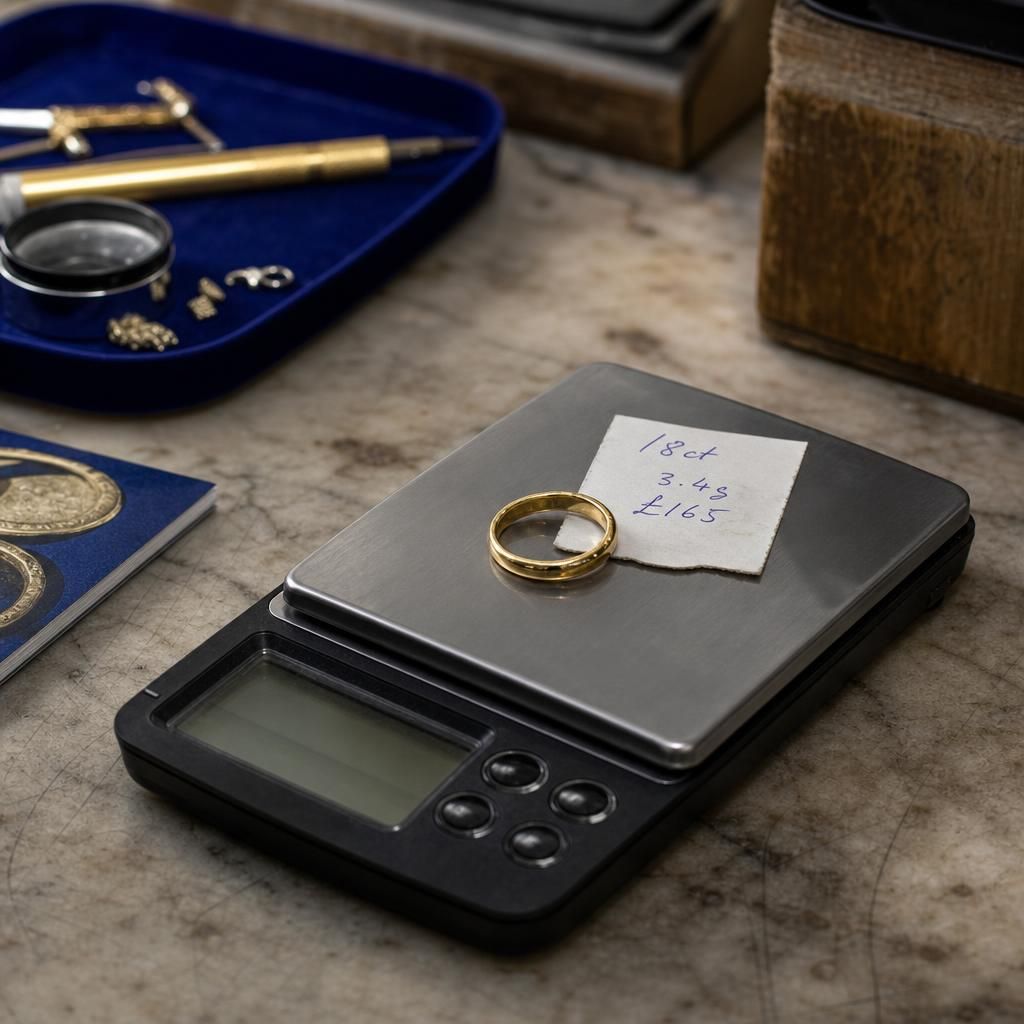 Gold ring on jeweler’s scale with valuation slip