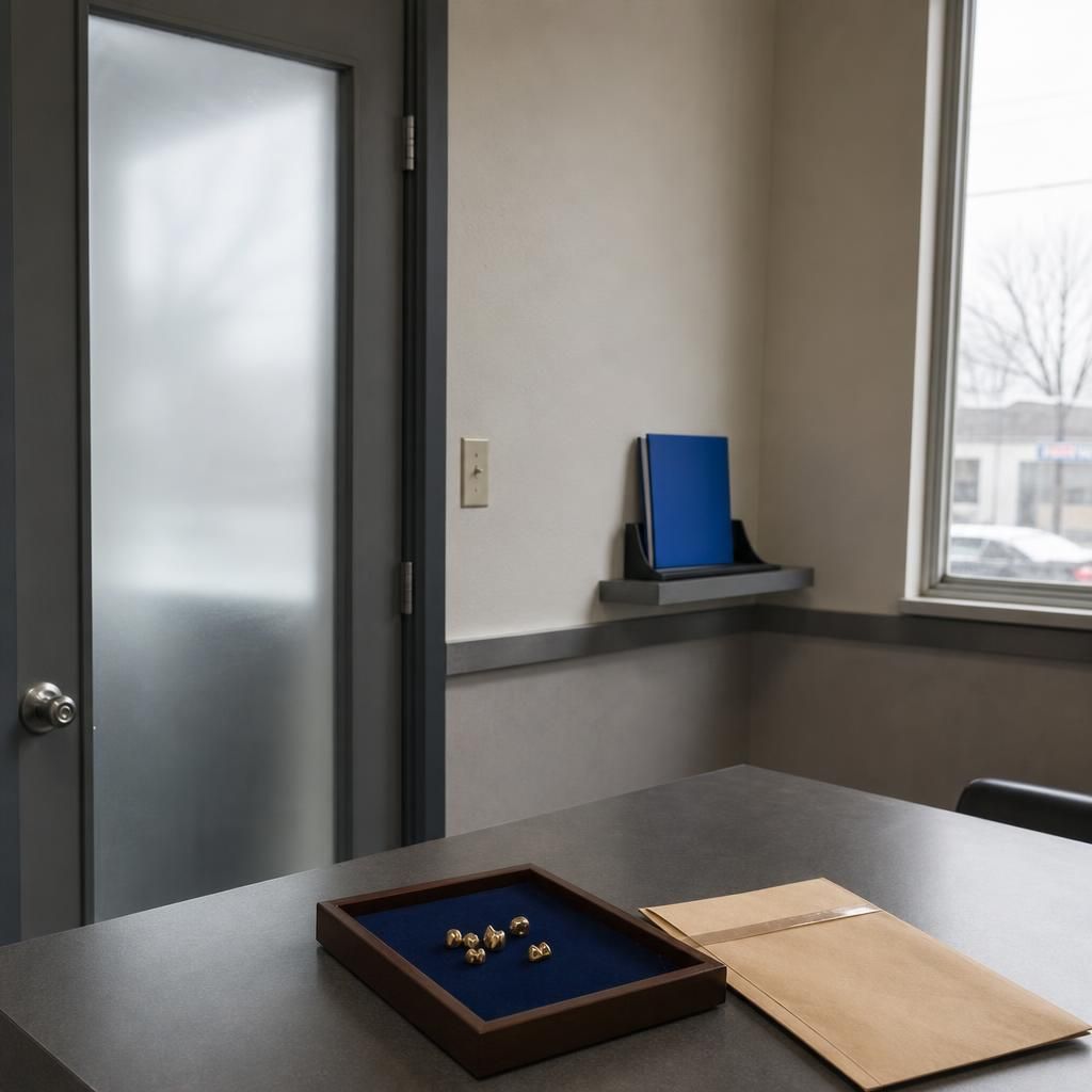 Empty private appraisal room with dental gold on a tray