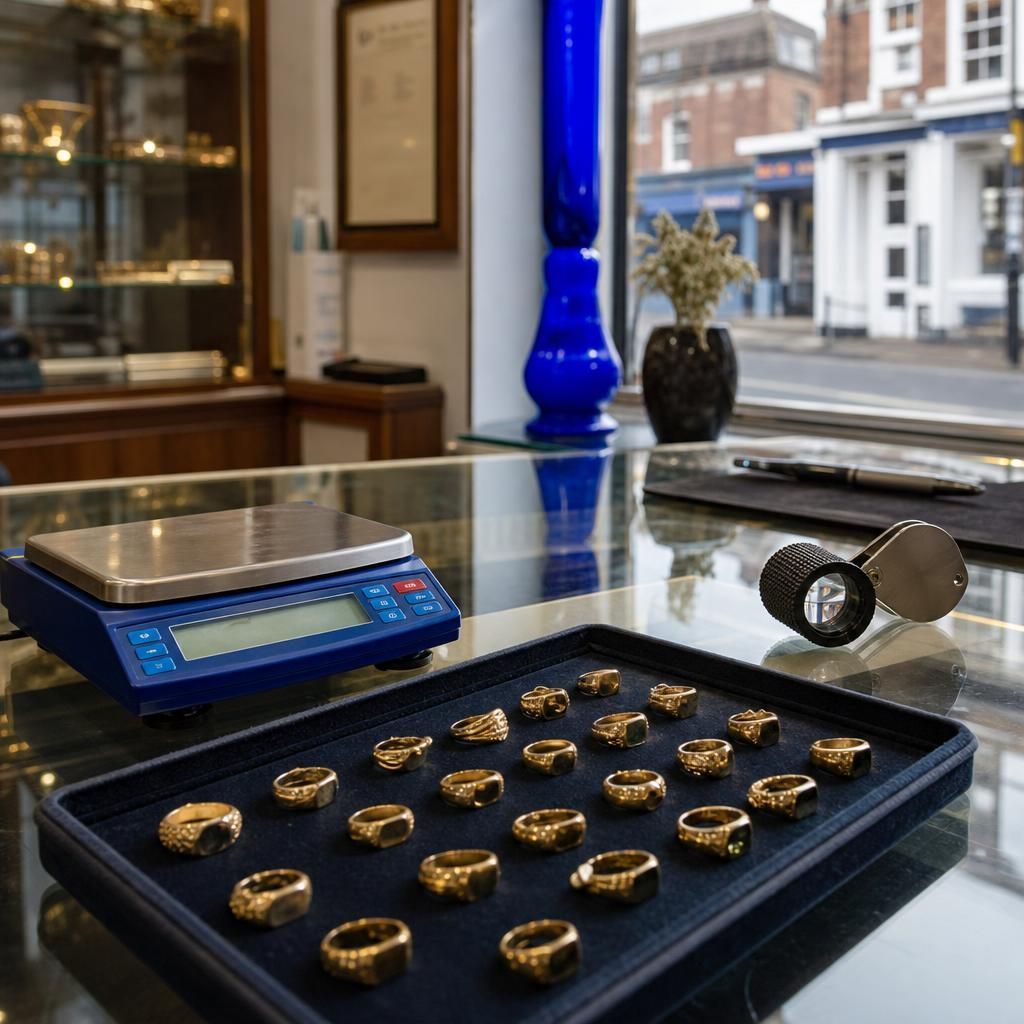 Gold valuation counter with scale and rings in Chesterfield shop.