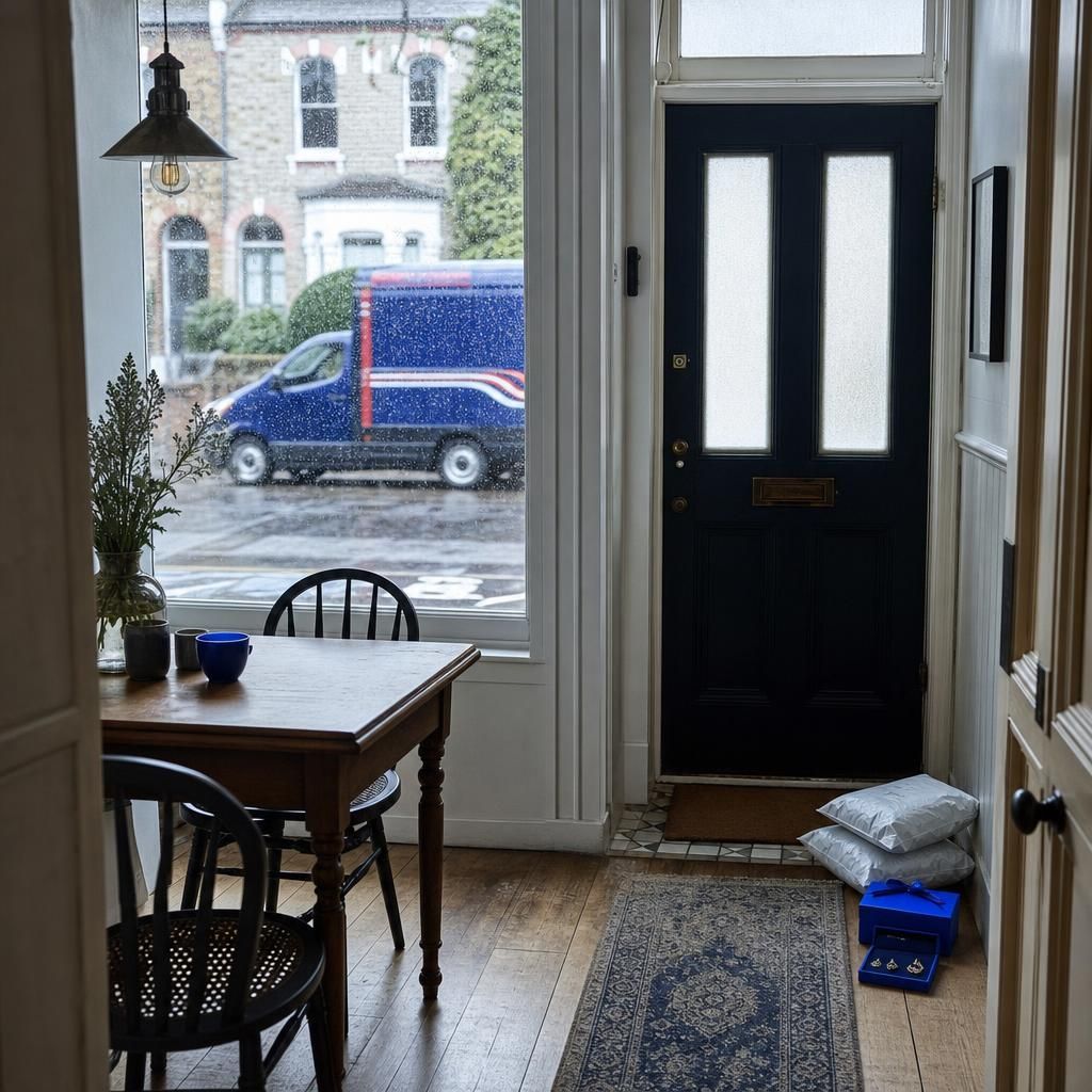 Mailers and jewelry box in a home entryway with postal van outside.