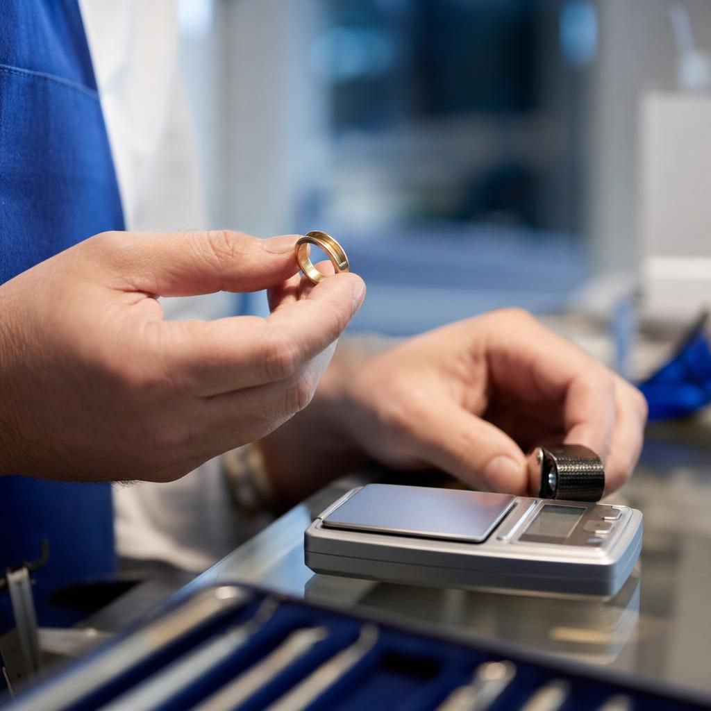 Jeweler examining gold ring beside scale