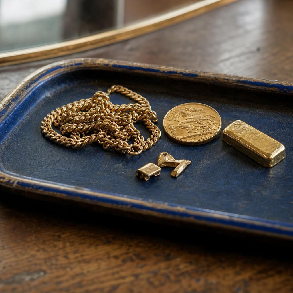 Gold jewellery, coin, and bullion on jeweller's tray.