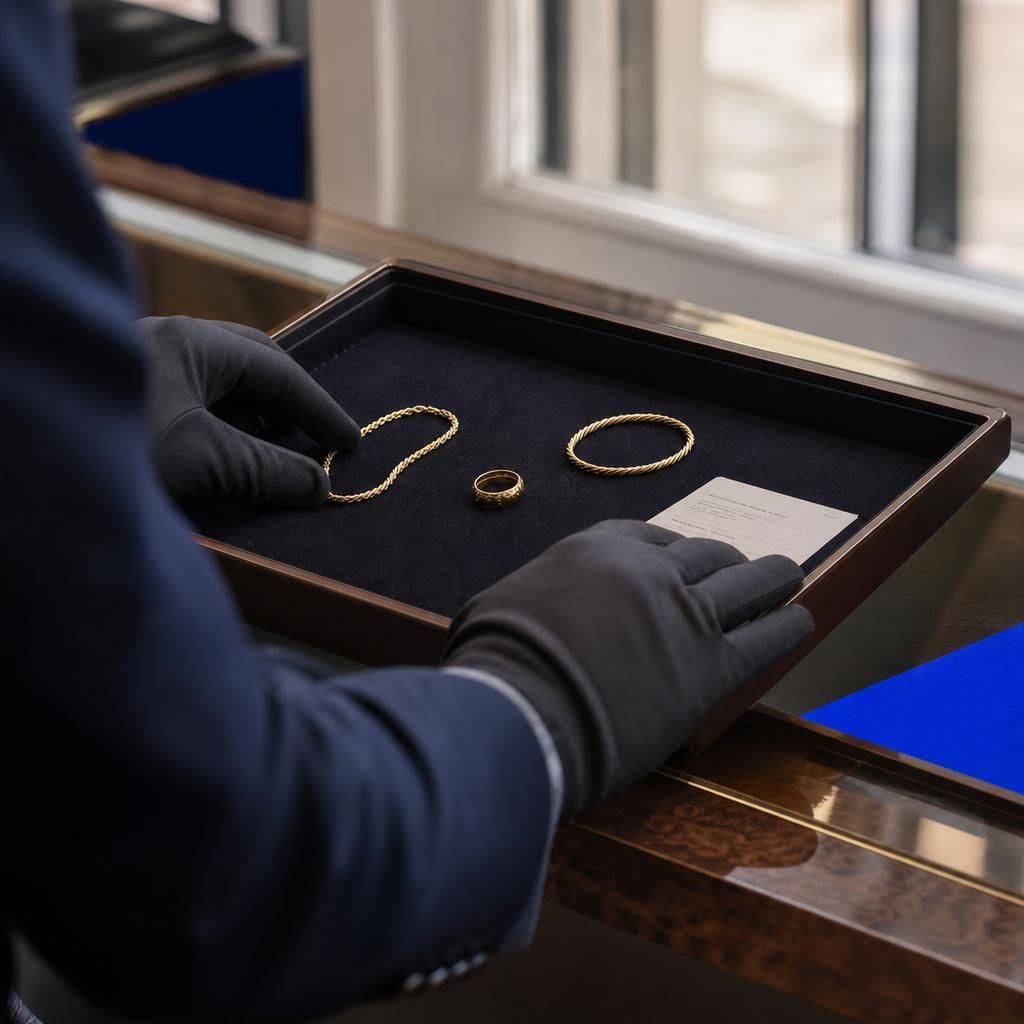 Gloved hands comparing gold jewelry valuation examples on tray.