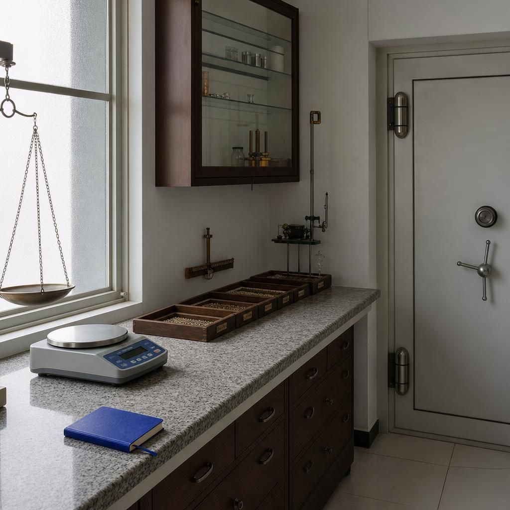 Empty jeweler’s assay room with weighing scale