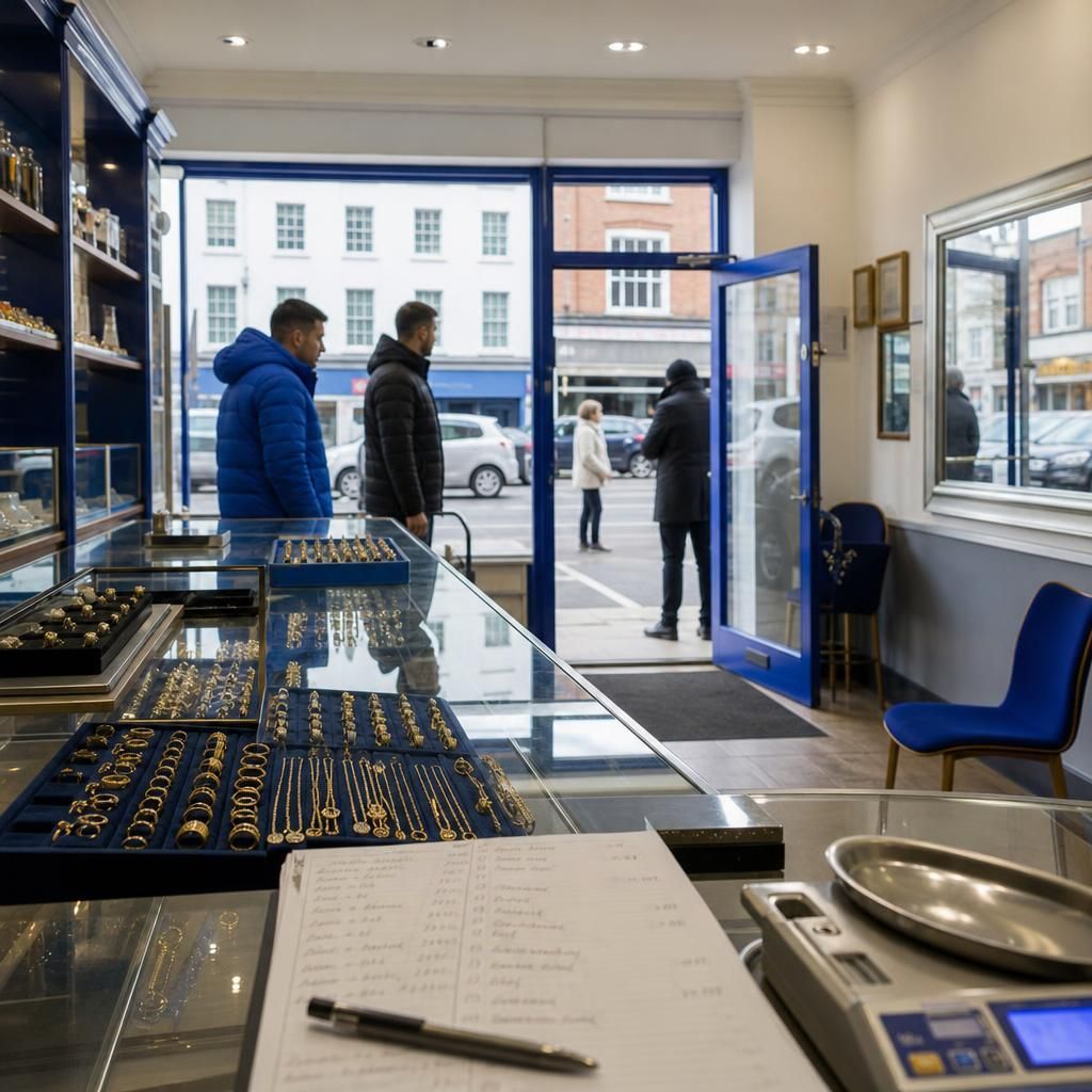 UK gold buyer shop with glass counter and customers