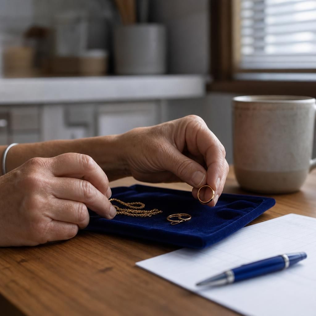 Hands placing gold jewelry on a velvet tray at home