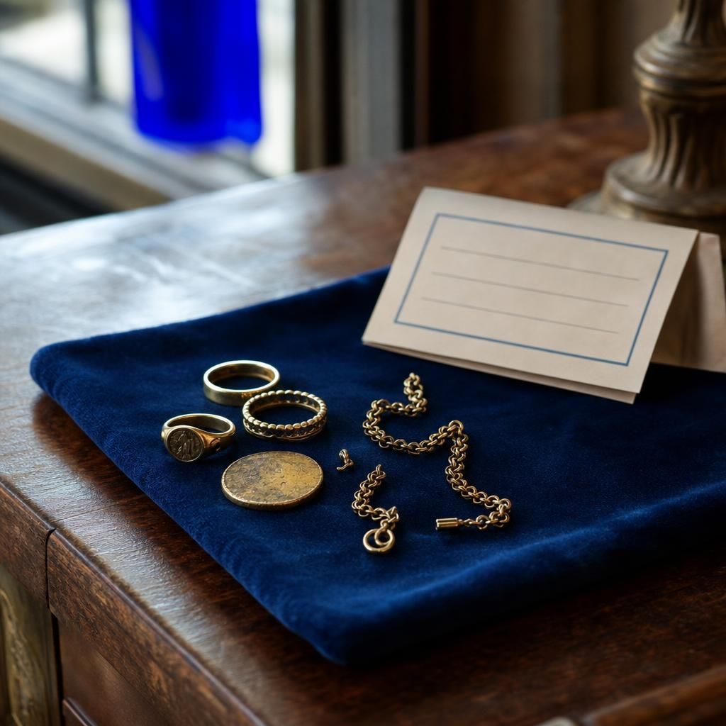 Gold rings and chain on blue velvet beside appointment card