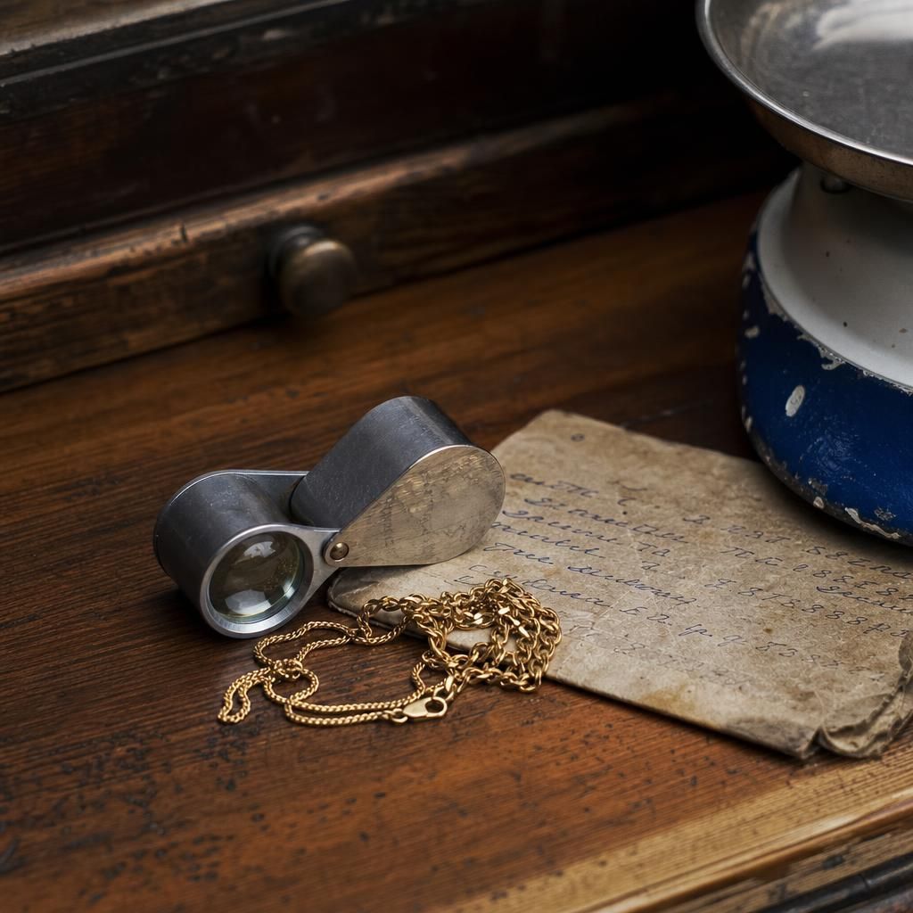 Gold chain and loupe on a shop counter