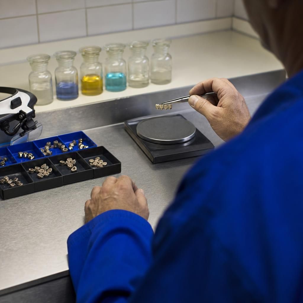 Cropped figure handling dental gold at an assay table
