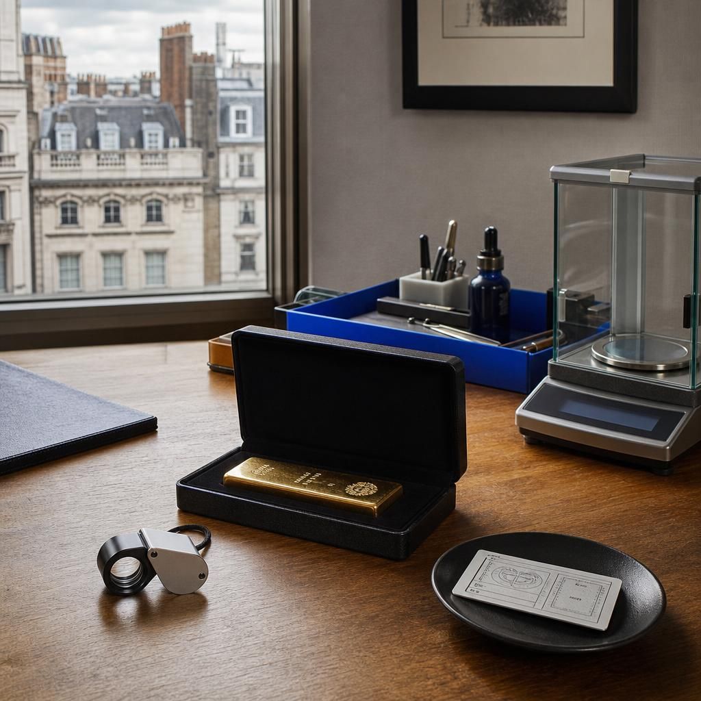 Gold bar, assay card, and scale on desk