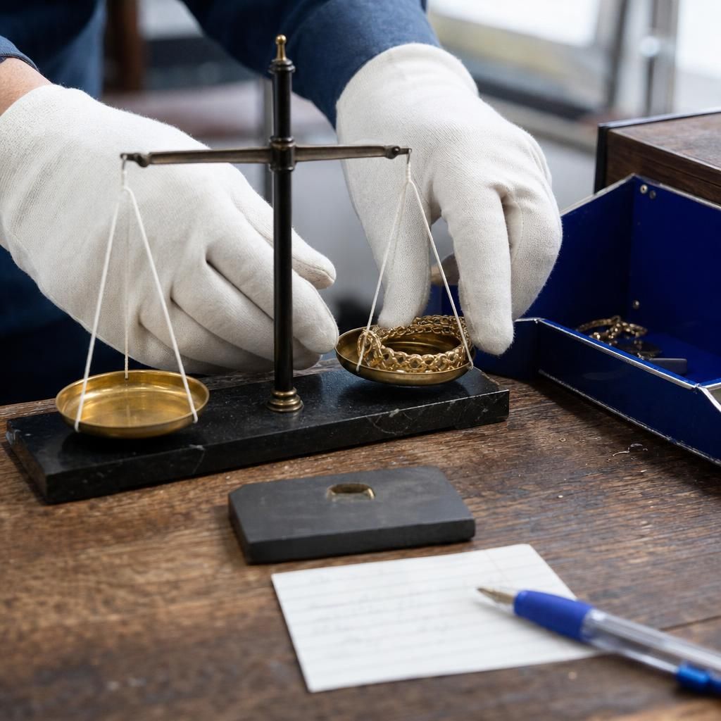 Hands weighing gold bracelet beside valuation scale