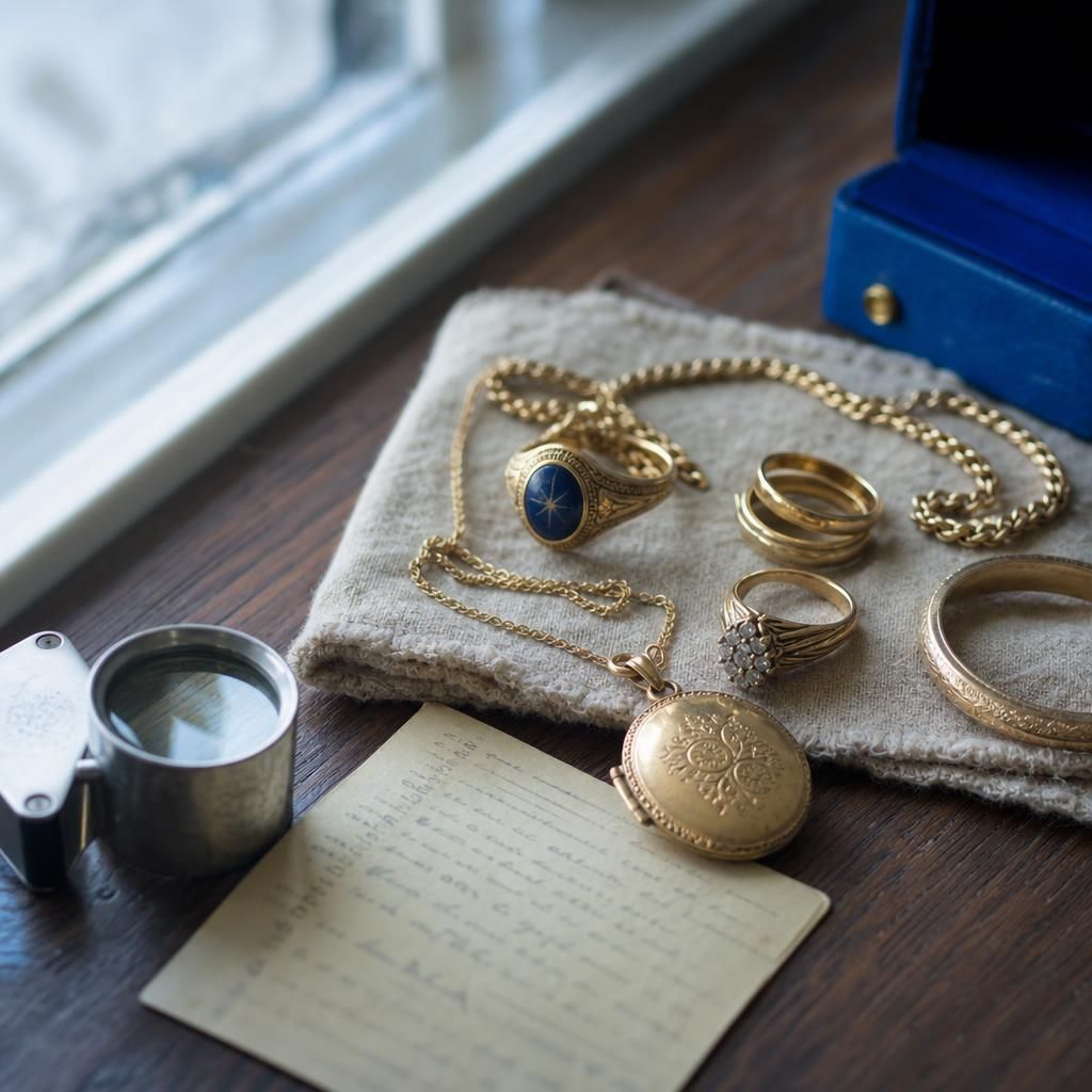 Inherited gold jewelry beside appraisal card on linen