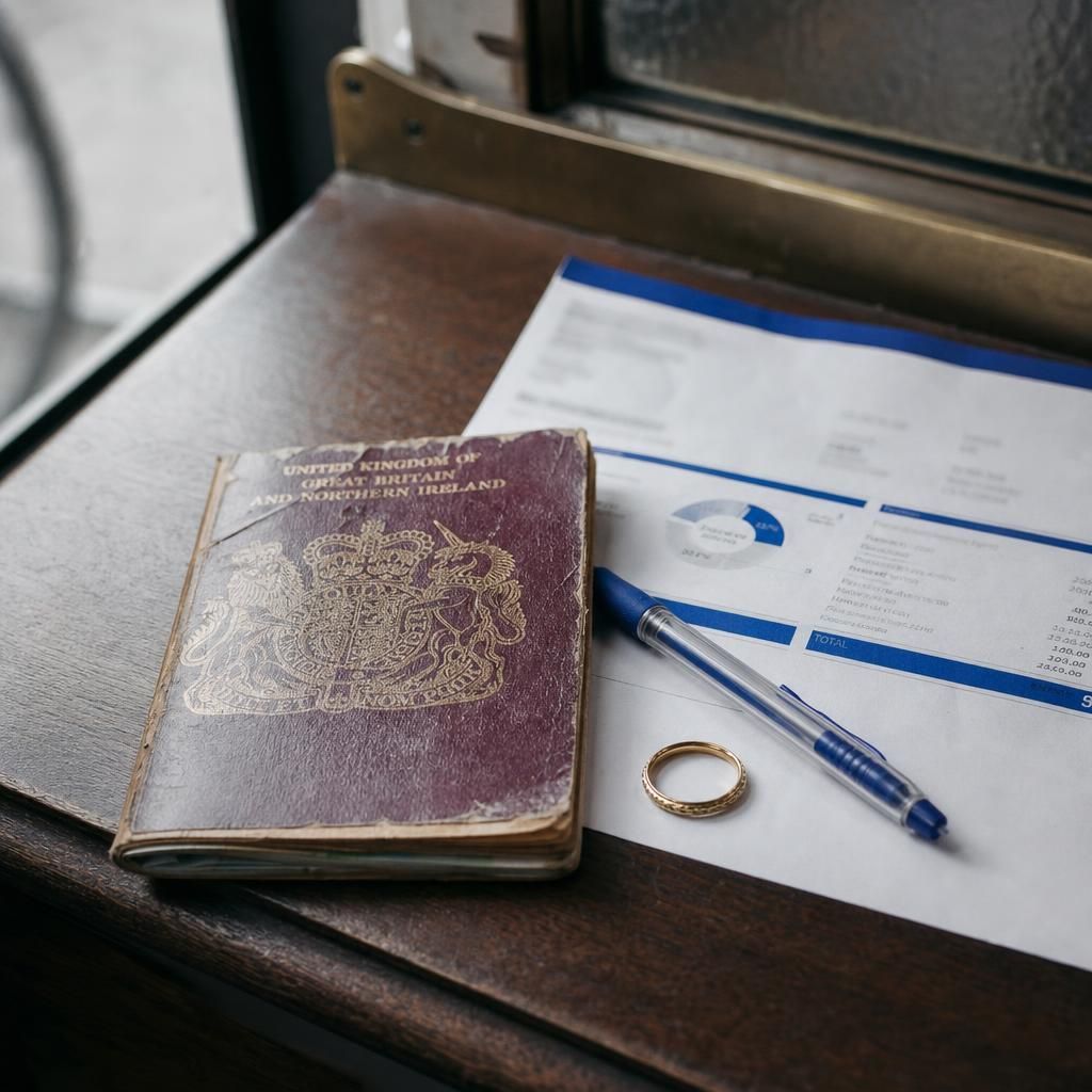 UK passport, utility bill, and gold ring on counter