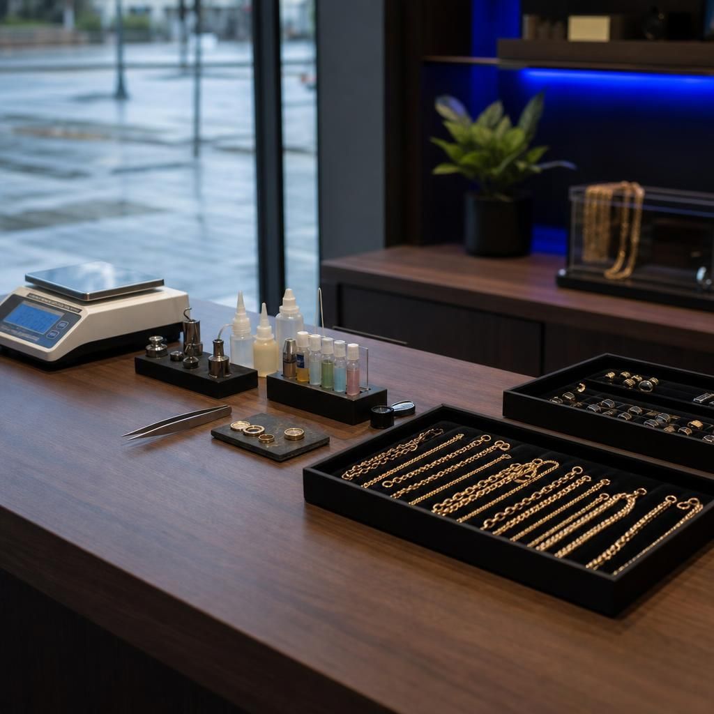 Empty gold buyer counter with scale and test kit