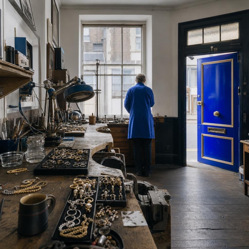 UK assaying workshop with jewelry on a bench