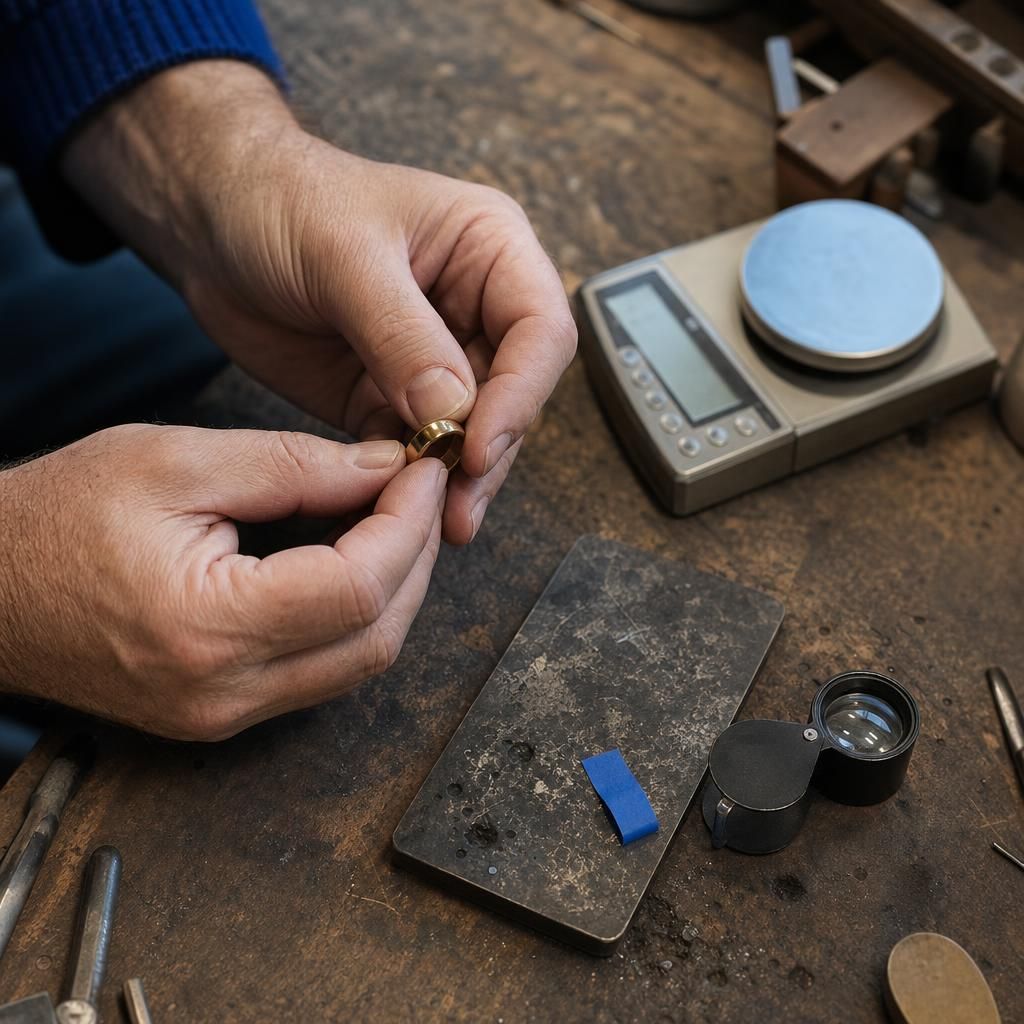 Hands weighing a gold ring on a jeweler's scale