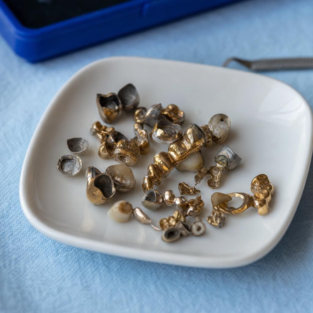 Mixed dental gold scraps in a ceramic tray