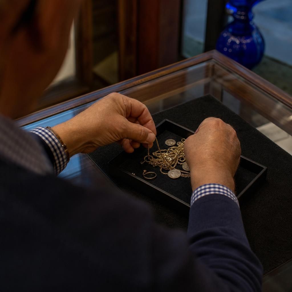 Hands sorting broken gold jewellery and coins on a tray in Chesterfield.