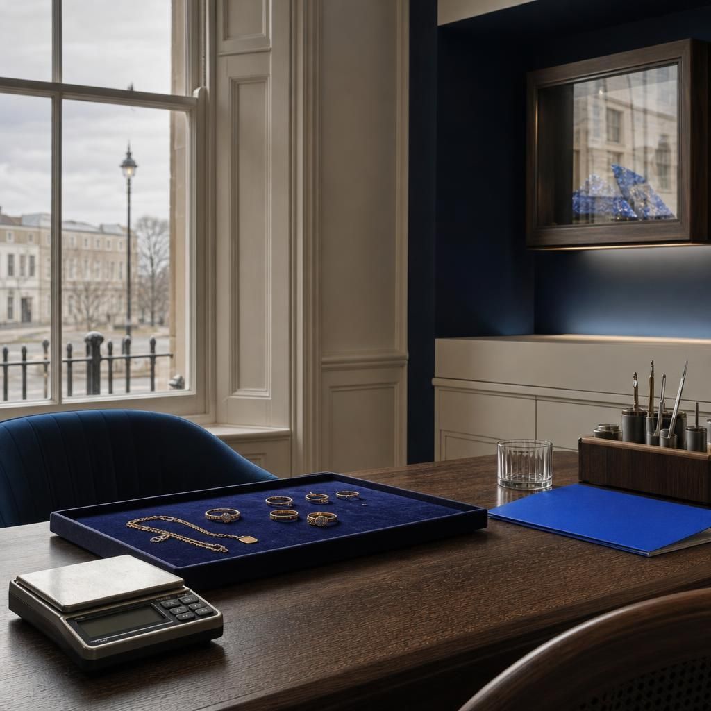 Empty jewelry valuation room with gold pieces on table