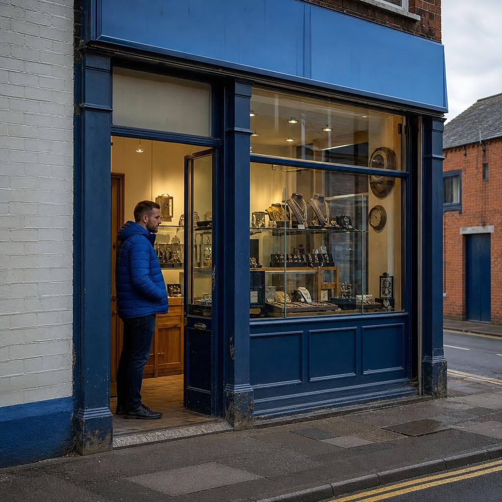 Nottingham gold buyer shopfront with customer at doorway