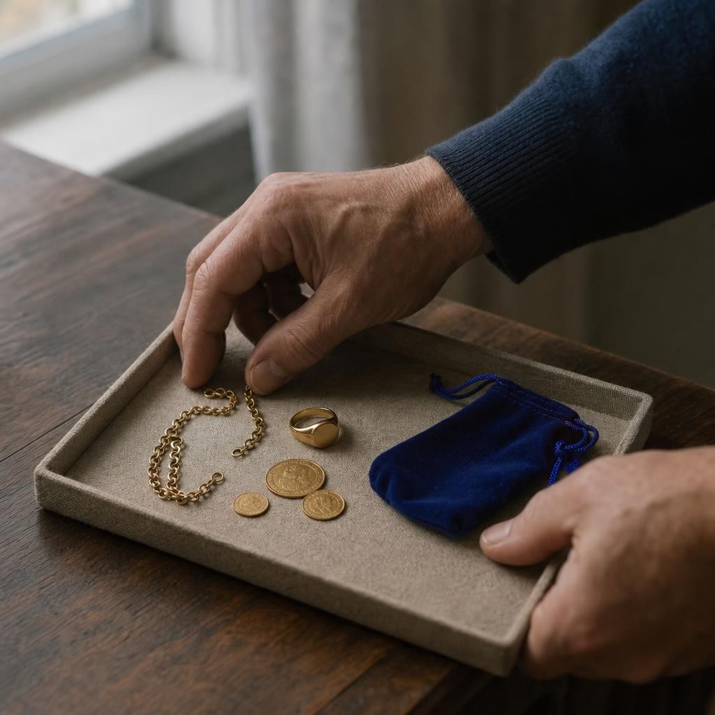 Hands laying gold jewelry and coins on a tray