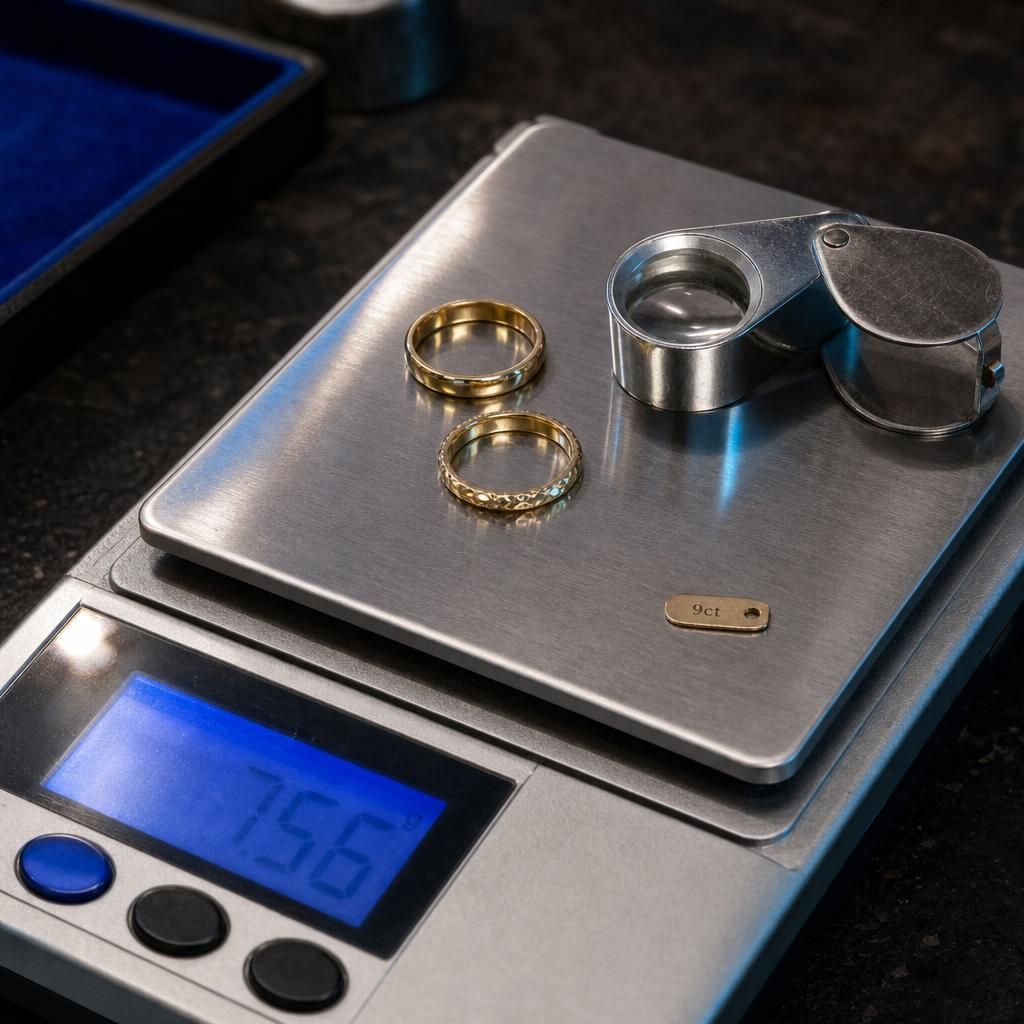 Gold rings on a jeweler's scale with hallmark tag