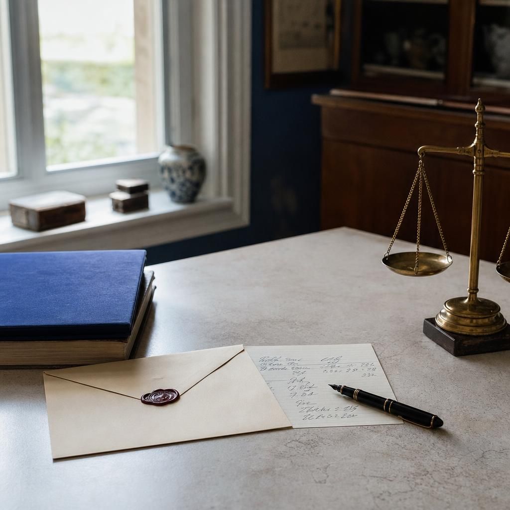 Valuation slip, pen, sealed envelope, and brass scale