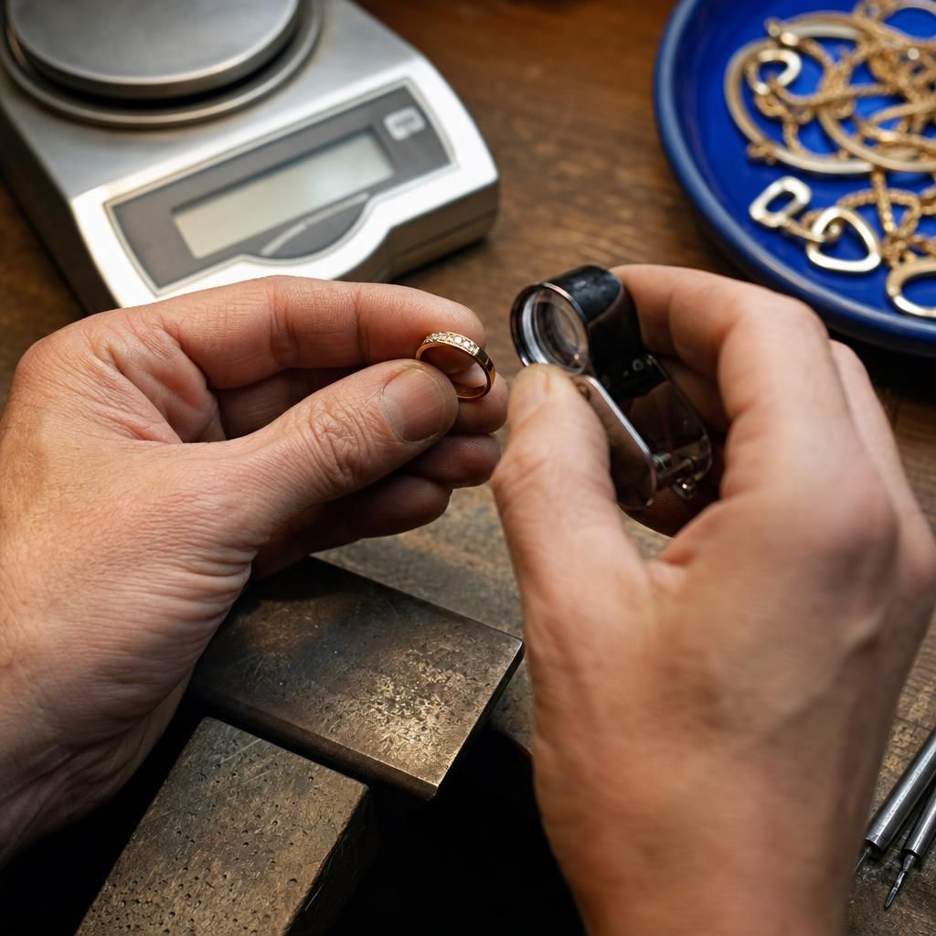 Hands inspecting a gold ring with loupe on assay bench