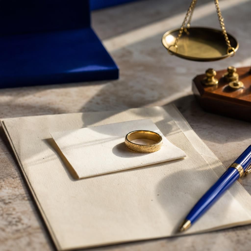 Gold ring beside folded offer slip on countertop