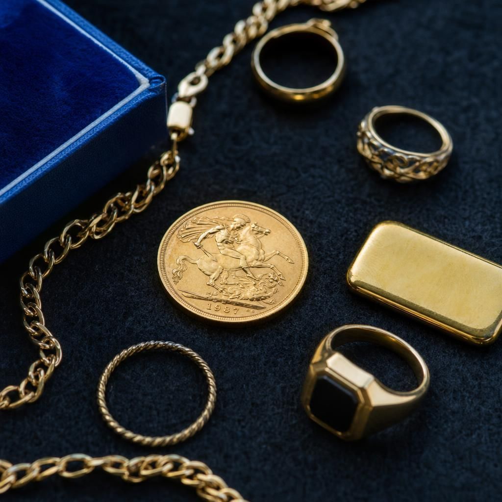 Gold necklace, coin, bar, and rings on felt surface