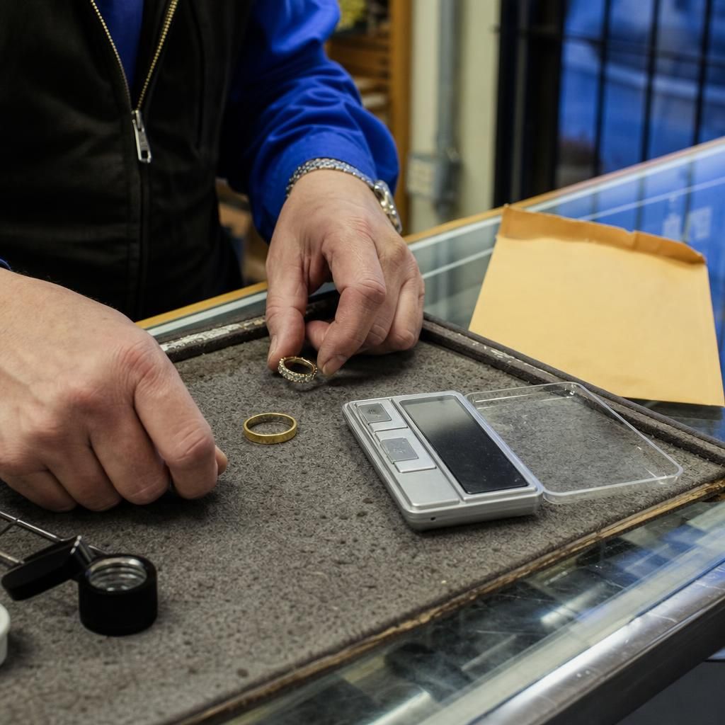 Hands comparing gold ring, band, and jeweler’s scale