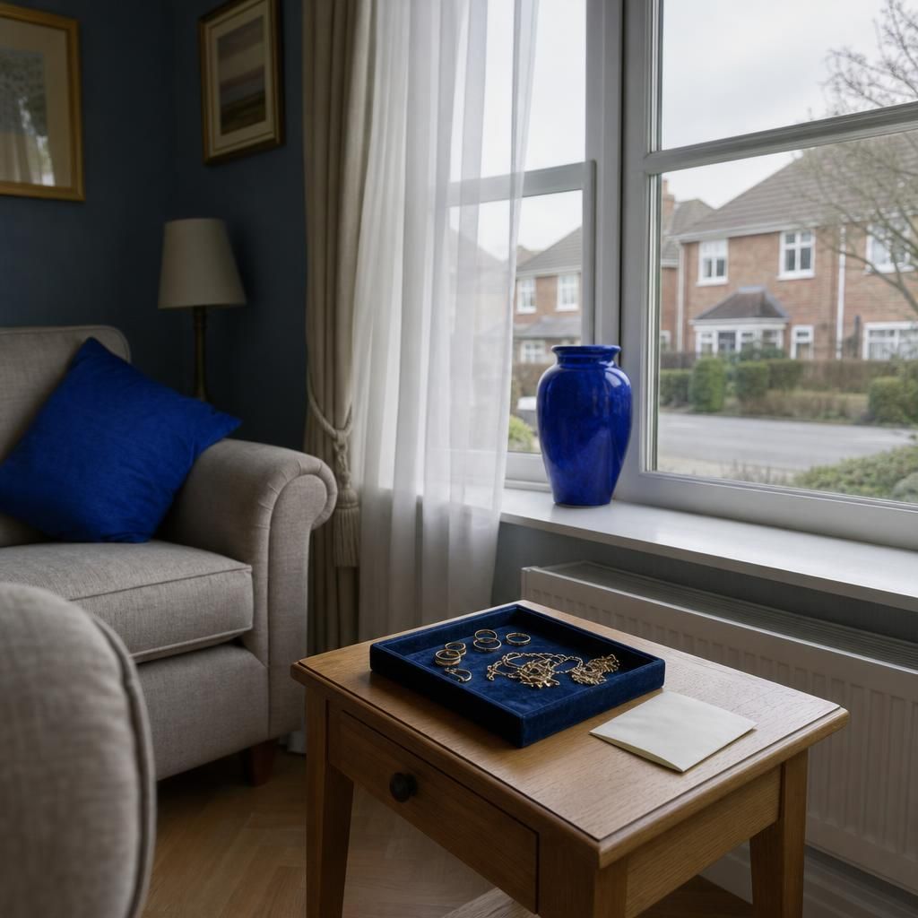 Empty Chesterfield living room with gold jewelry and appointment card