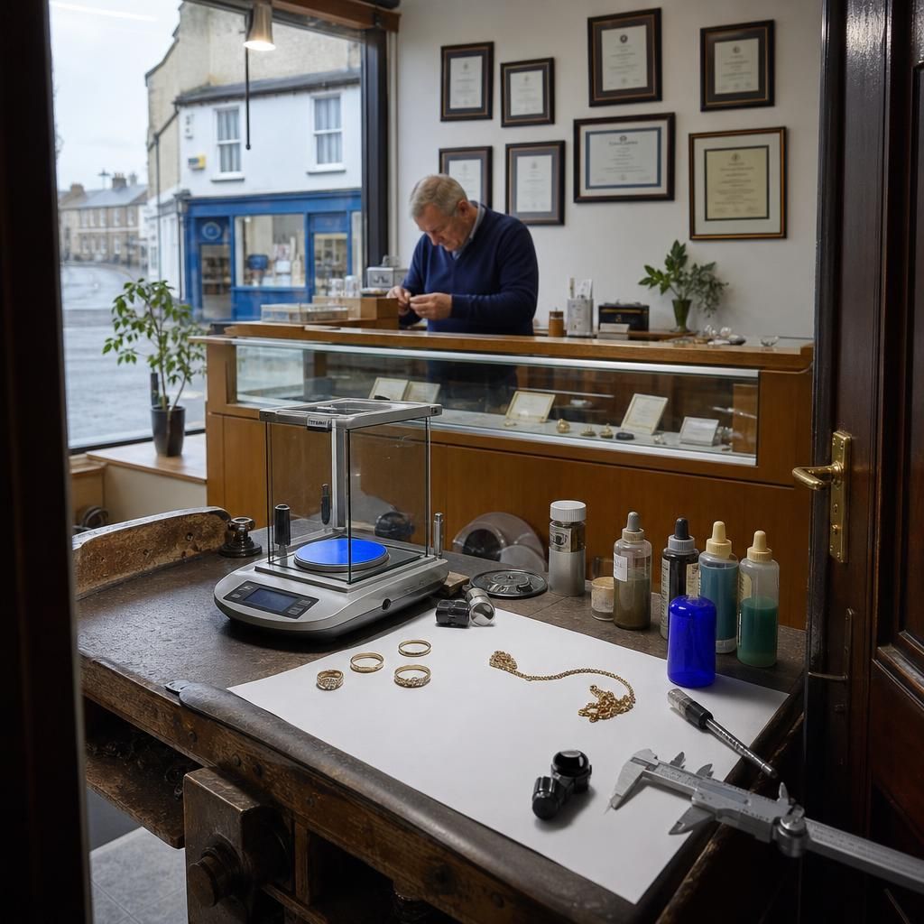 Jeweler’s workbench with gold testing tools and jewelry