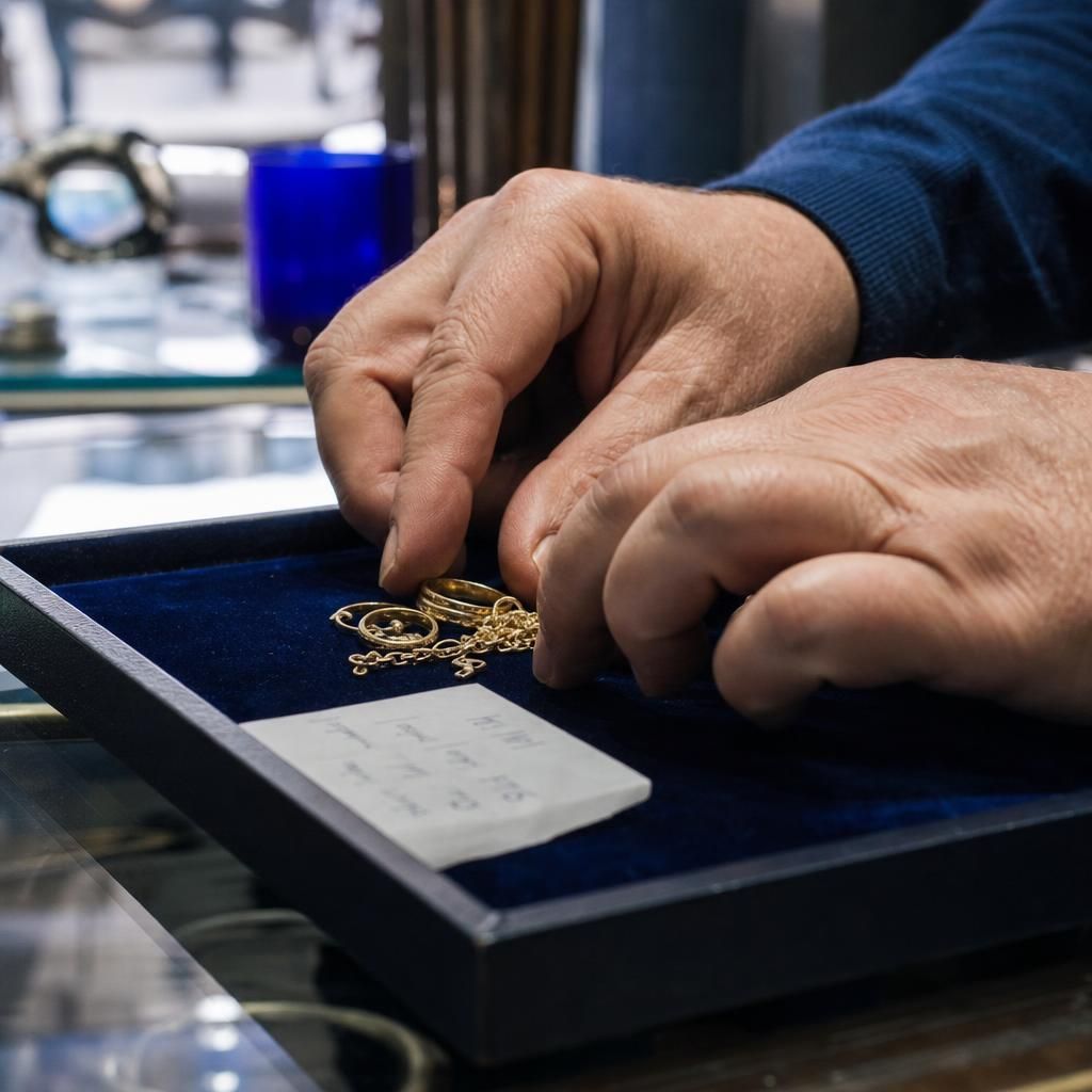 Hands placing gold rings on a jeweler’s tray