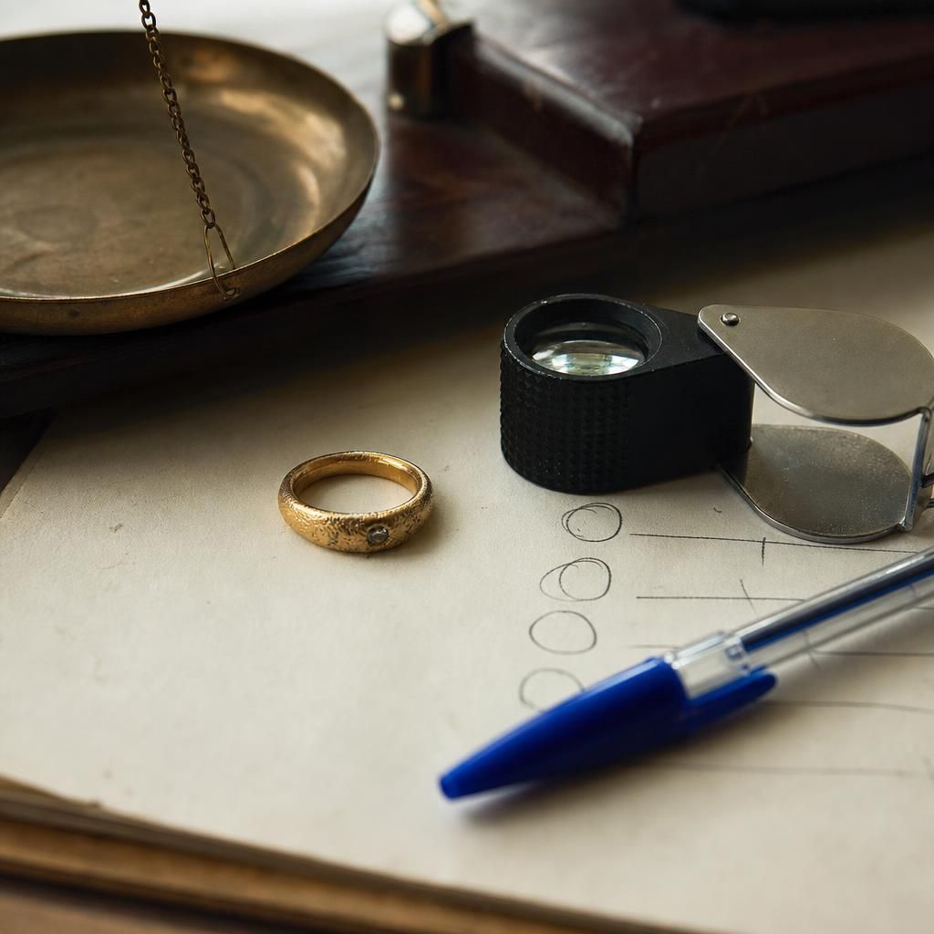 Gold ring beside checklist and jeweler’s loupe on paper