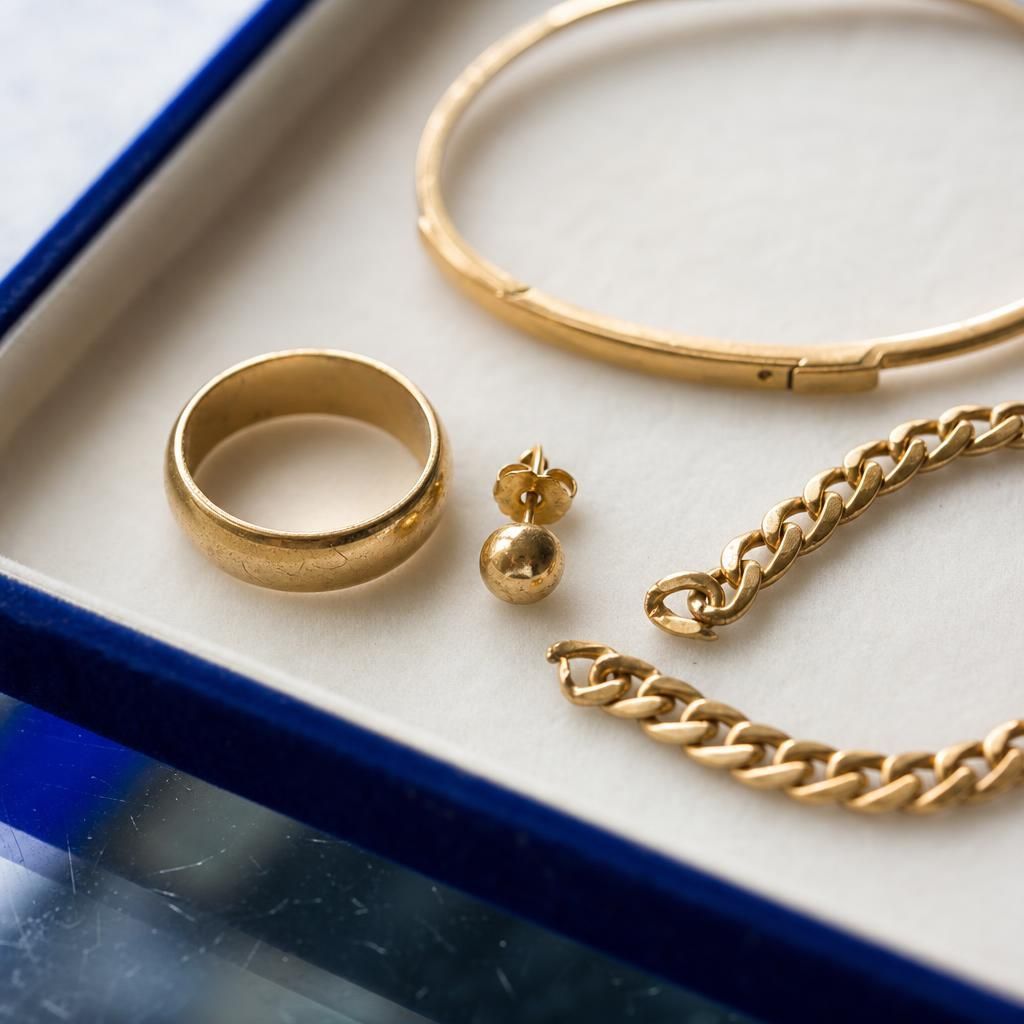 Gold rings, chain, and single earring on jeweler’s tray