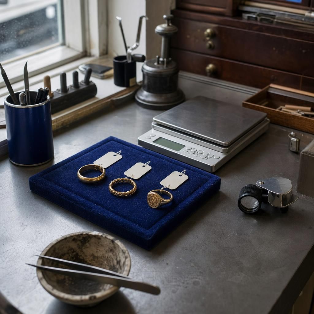 Jeweler’s bench with rings, scale, and carat price card
