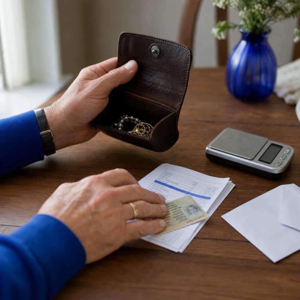 Hands checking ID beside gold jewelry pouch at home