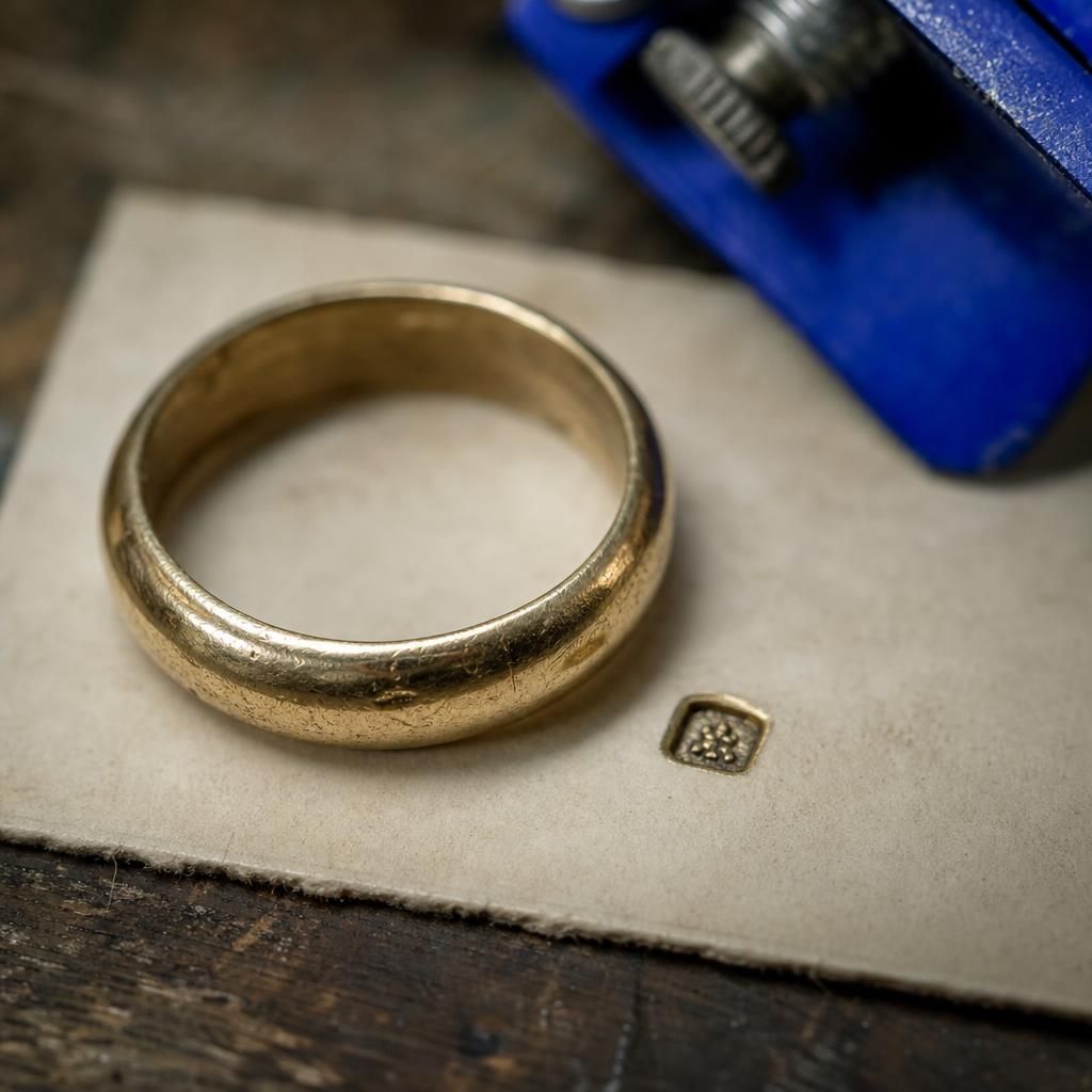 Gold ring and hallmark stamp on jeweler's paper