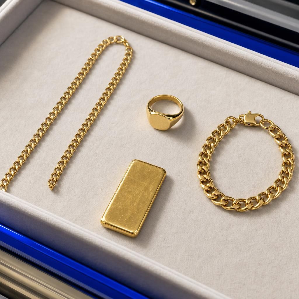 Gold jewelry and bullion laid out on inspection tray