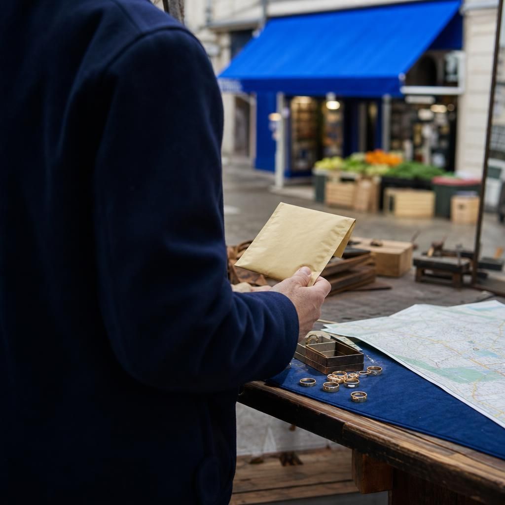 Cropped figure holding envelope at market stall