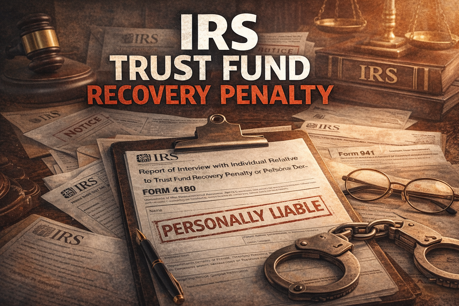 IRS Trust Fund Recovery Penalty: Form 1160 on a clipboard, handcuffs, legal documents, gavel, glasses.